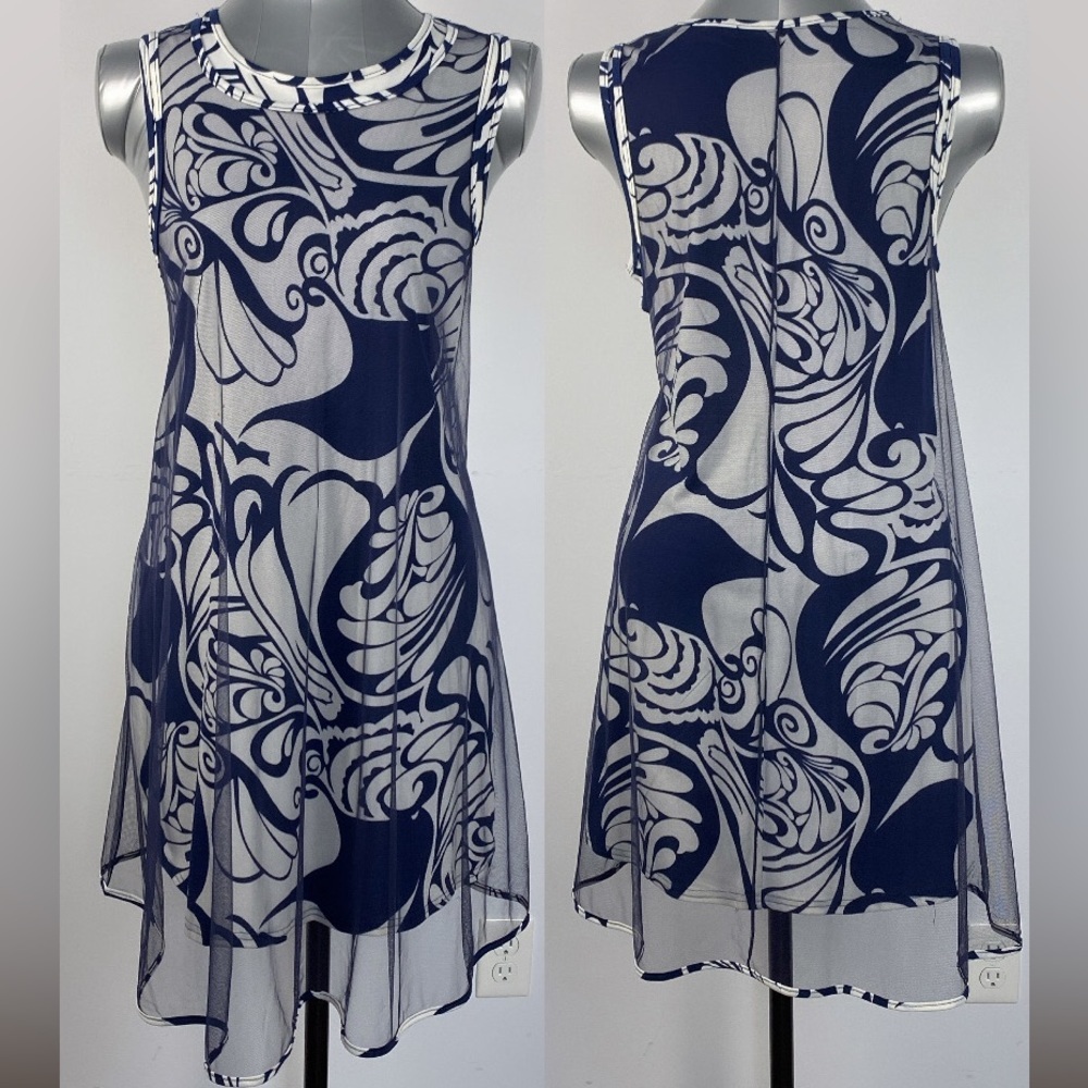 Blue floral print mesh high neck formal lightweight midi loose dress size medium
